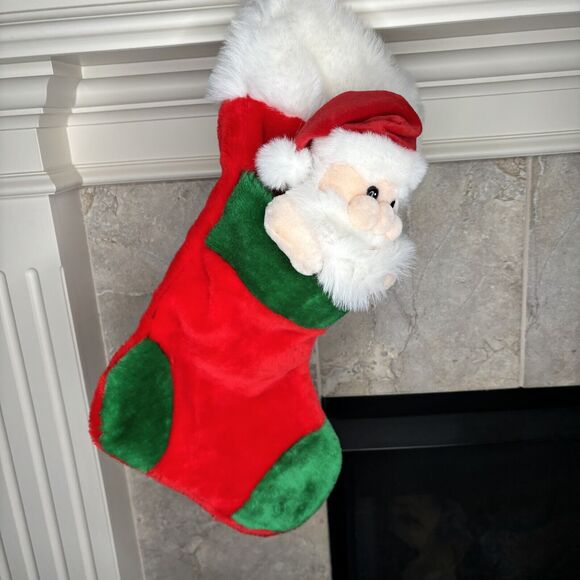 Vintage 3D Santa CHRISTMAS STOCKING Green Red White Plush Hat Prima Creations - Picture 3 of 6
